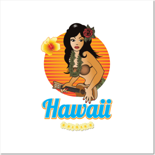 Hawaii Hula Girl with Ukulele Sunset Posters and Art